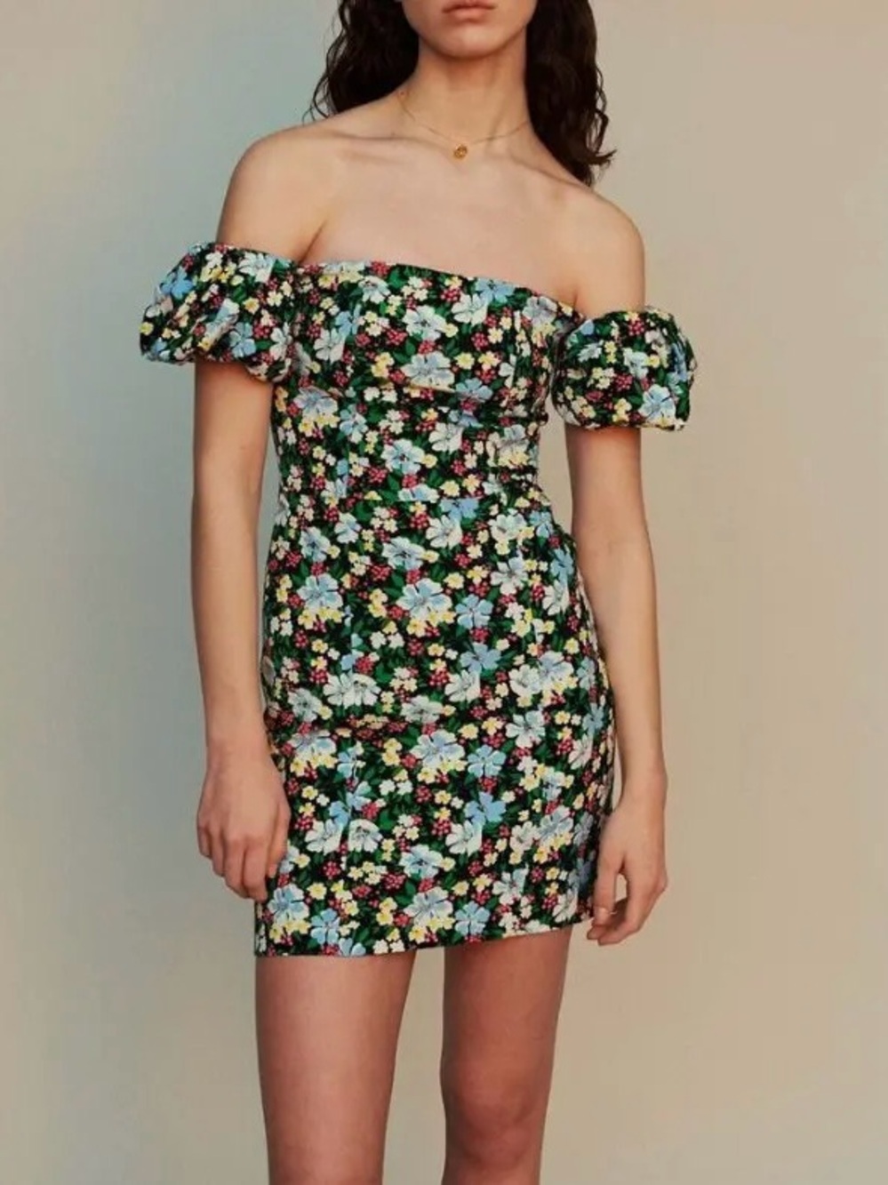NWT‎ Maje Rapy Multi Floral Bardot Mini Dress Puff Sleeve Off the Shoulder Dress